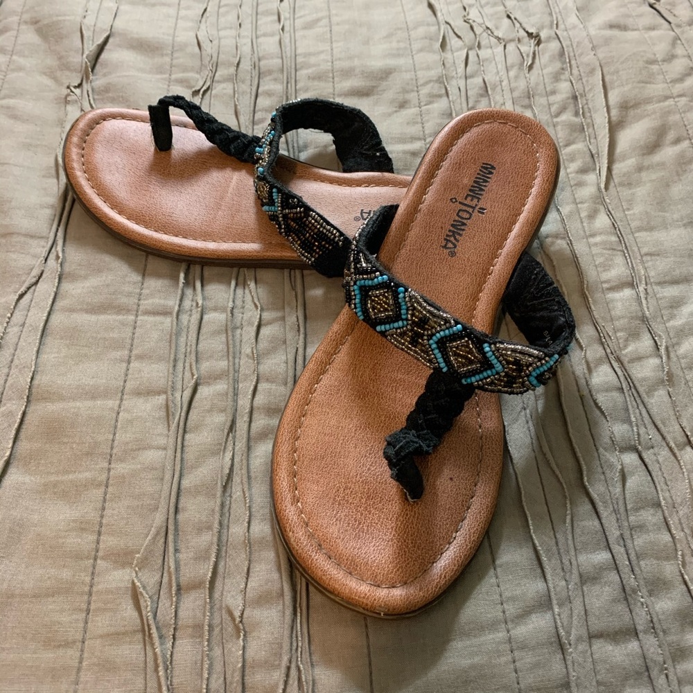 Minnetonka beaded black suede flip flops